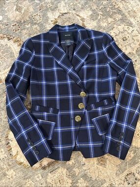 Smythe Navy Plaid Blazer with Blue Windowpane and Gold Buttons